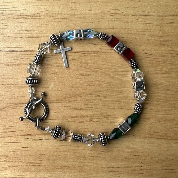 VTG Charm Bracelet Size 7 Block Letter Cross Glass Beads Colorful Sterling 18.7g - Picture 2 of 11